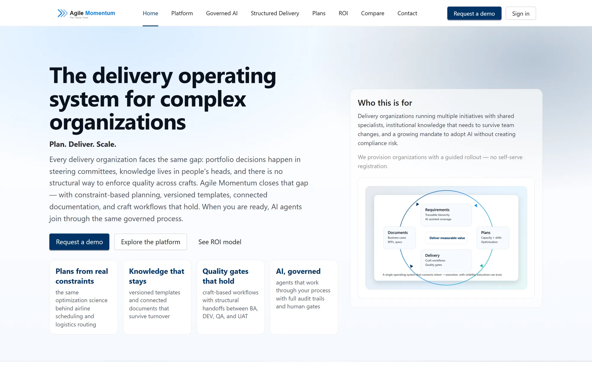The agilemomentum.ai home page: “The delivery operating system for complex organizations. Plan. Deliver. Scale.”