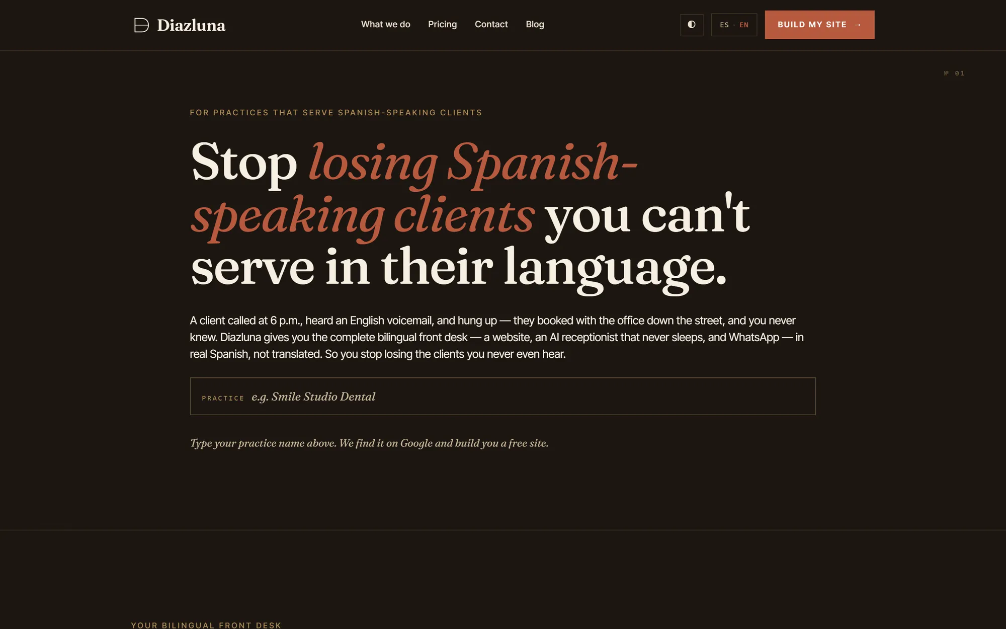 The diazluna.ai home page: “Stop losing Spanish-speaking clients you can't serve in their language.”