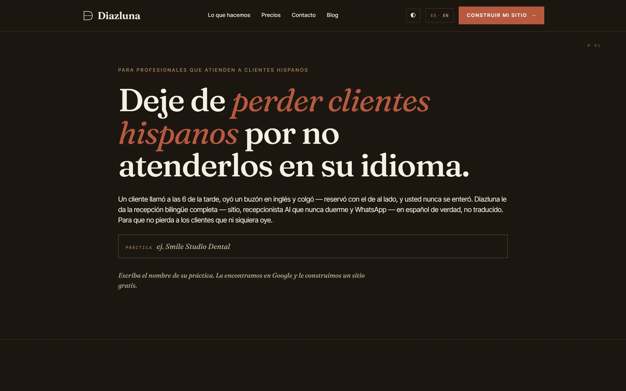 La página principal de diazluna.ai: “Deje de perder clientes hispanos por no atenderlos en su idioma.”