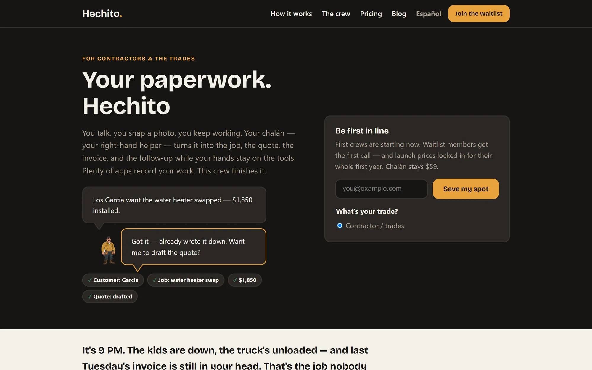 The Hechito website: a contractor tells Chalán about a job, and Chalán files the customer, the job and the price and drafts the quote.