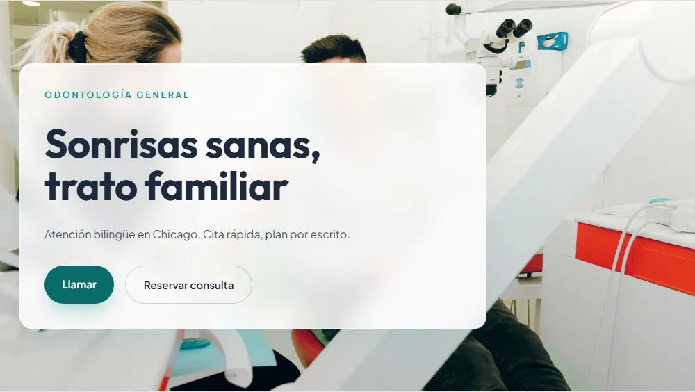 Sample dental practice site in Spanish: “Sonrisas sanas, trato familiar.”