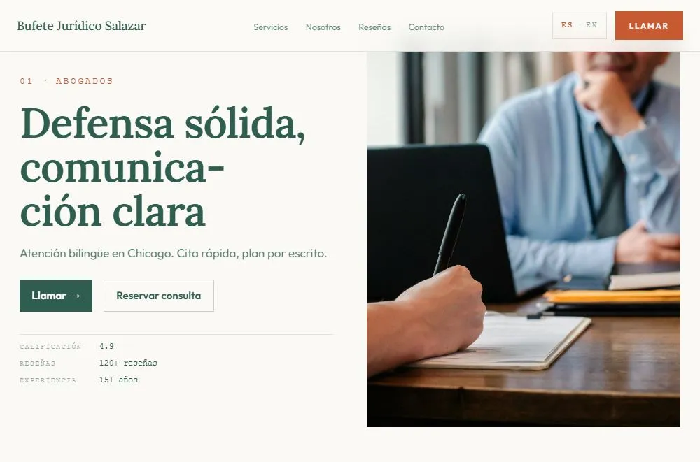Sample law firm site in Spanish: “Defensa sólida, comunicación clara.”